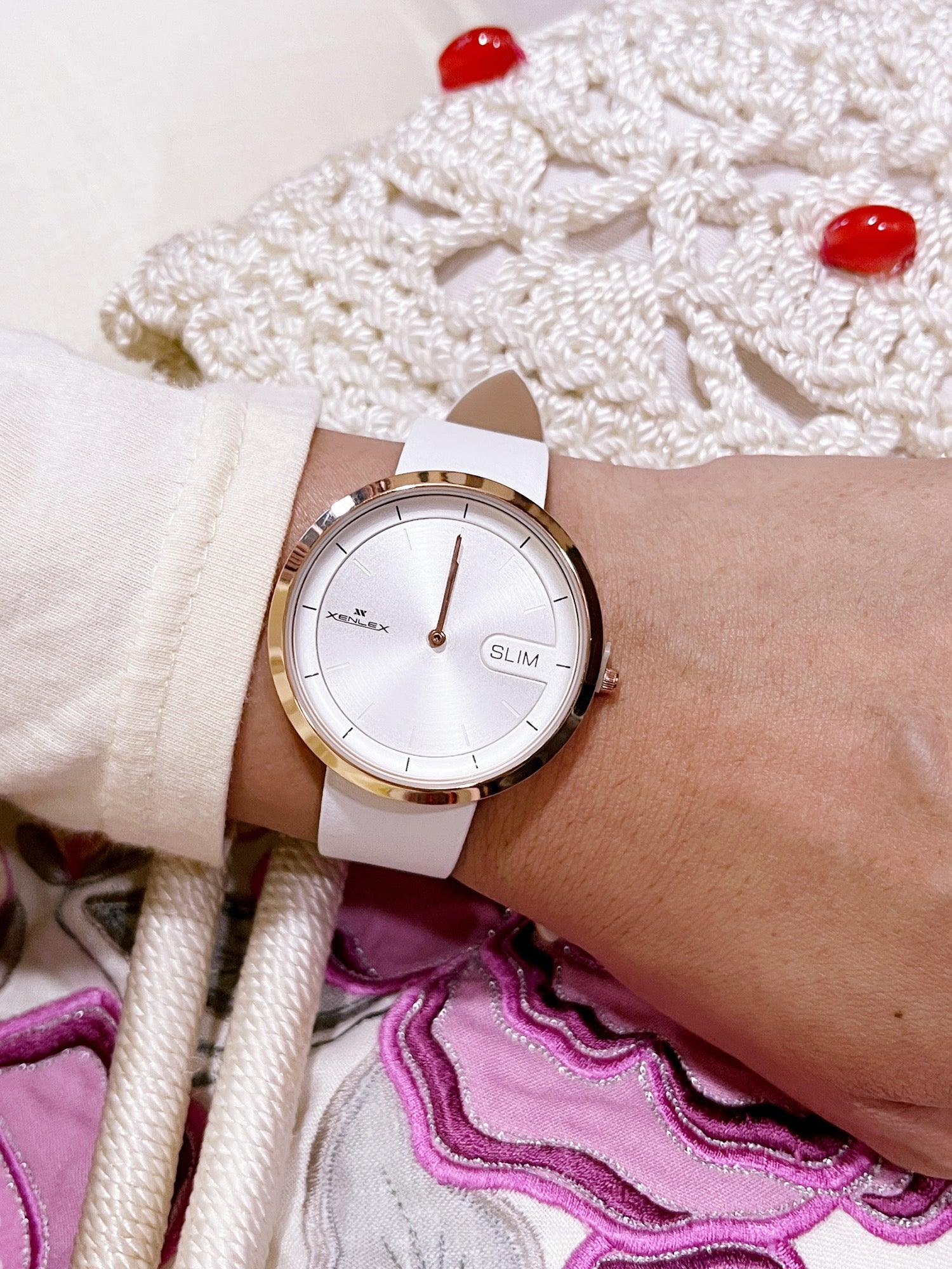 wearing a full white slim watch women